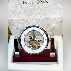 Bulova Largo Skeleton Mantle Chrome and Mahogany Cherry Red Desk Clock